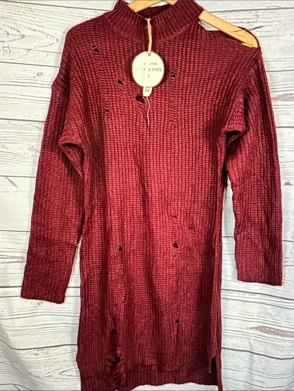 Men's Distressed Turtleneck Longline Sweater - Burgundy